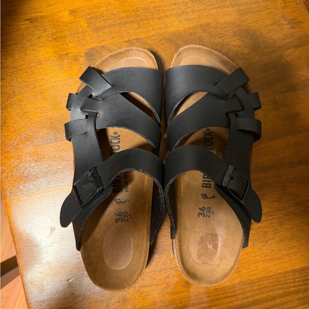 Birkenstock Black Leather Two-Strap Slide Sandal